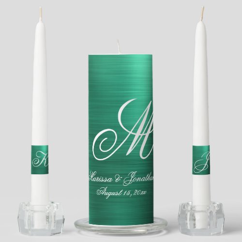 Modern Emerald Brushed Metallic Monogram Wedding Unity Candle Set