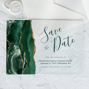 Modern Emerald Gold Agate Green Save the Date Card
