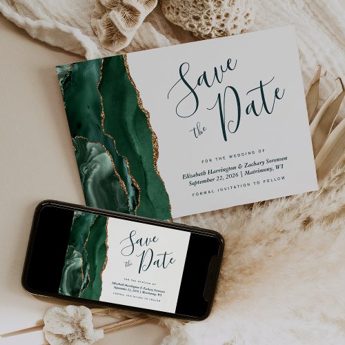 Modern Emerald Gold Agate Green Save the Date Card