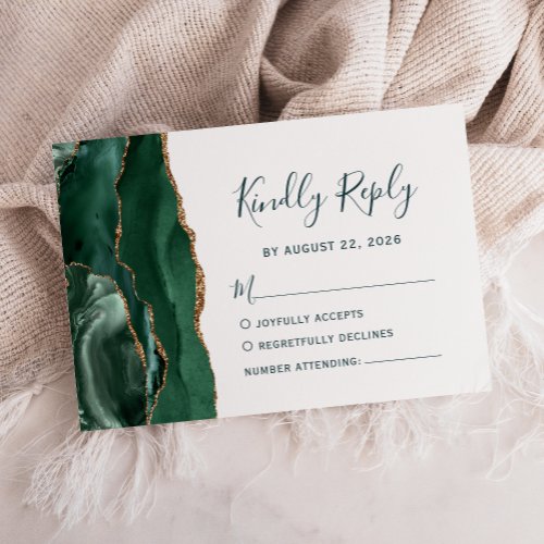 Modern Emerald Gold Agate Green Script Wedding RSVP Card