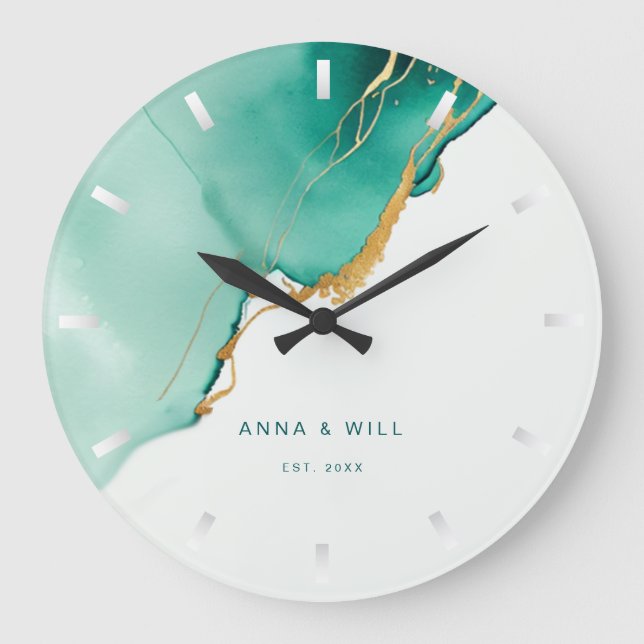 Modern Emerald Gold Beach Wedding Anniversary Large Clock (Front)