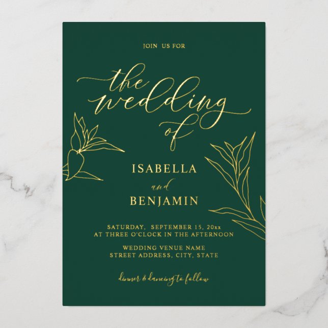 Modern Emerald Gold Calligraphy Botanical Wedding Foil Invitation (Front)