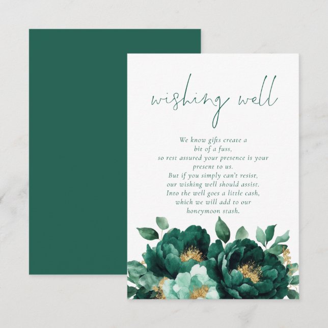 Modern Emerald Gold Florals Wedding Wishing Well Enclosure Card (Front/Back)