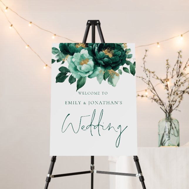 Modern Emerald Gold Florals Welcome Wedding  Foam Board (In Situ (Stand))