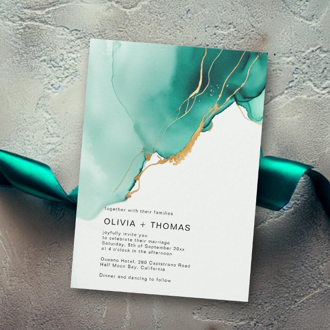 Modern Emerald Gold Ocean Waves Beach Wedding Invitation (modern emerald green wedding invitation beach waves gold romantic elegant bohemian simple typography)
