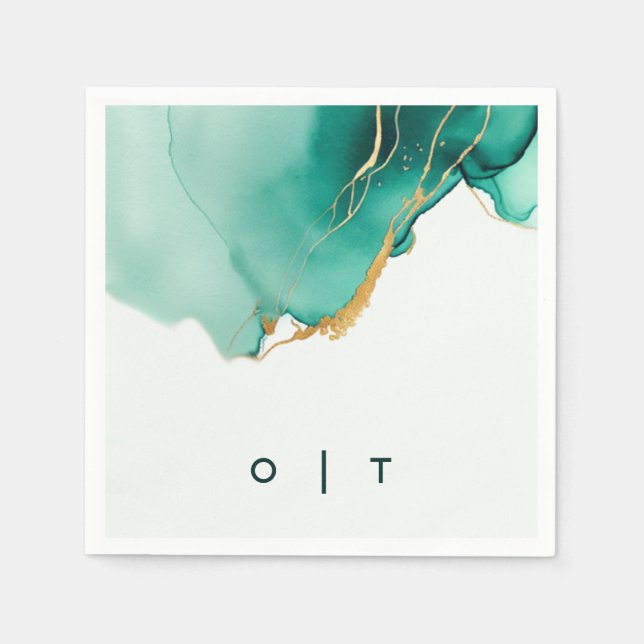 Modern Emerald Gold Teal Monogram Beach Wedding Napkins (Front)