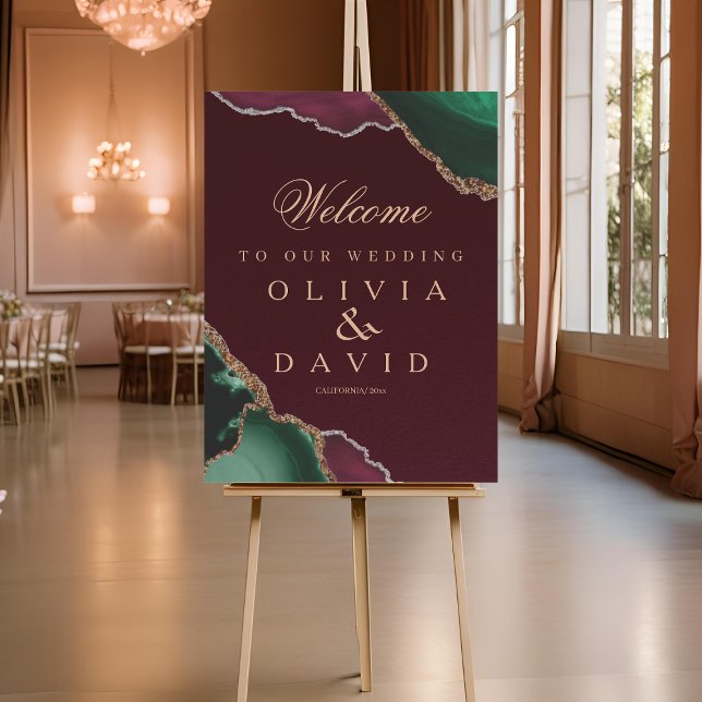 Modern Emerald Green Agate Burgundy Wedding Sign (Creator Uploaded)