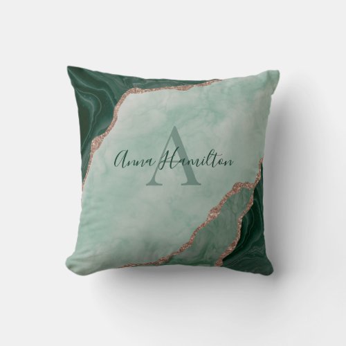 Modern Emerald Green Agate Geode Monogram Throw Pillow