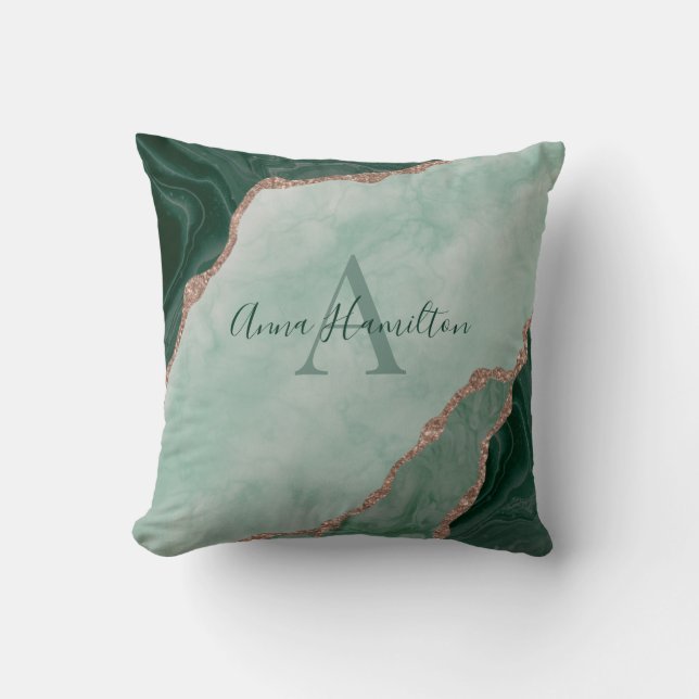 Modern Emerald Green Agate Geode Monogram Throw Pillow (Front)