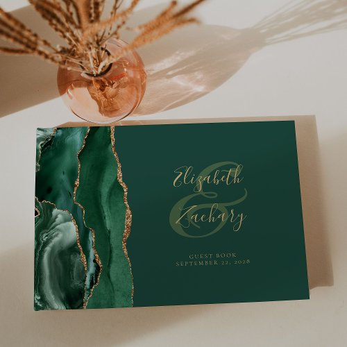 Modern Emerald Green Agate Gold Script Guest Book