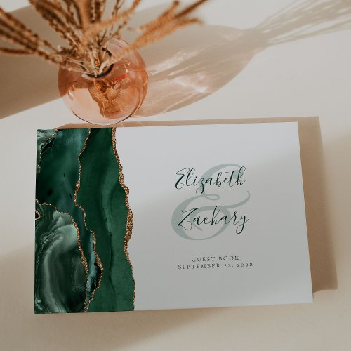 Modern Emerald Green Agate Gold Script Guest Book