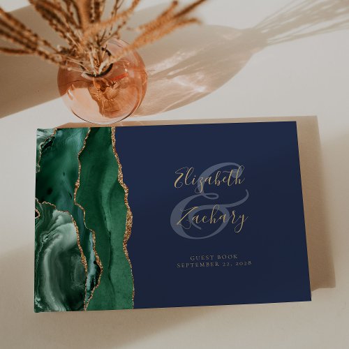 Modern Emerald Green Agate Gold Script Navy Blue Guest Book