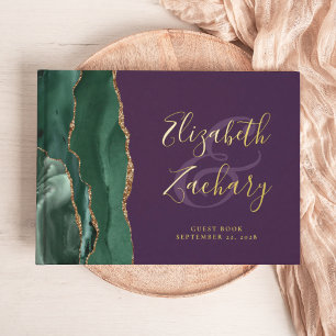 Modern Emerald Green Agate Gold Script Purple Foil Guest Book