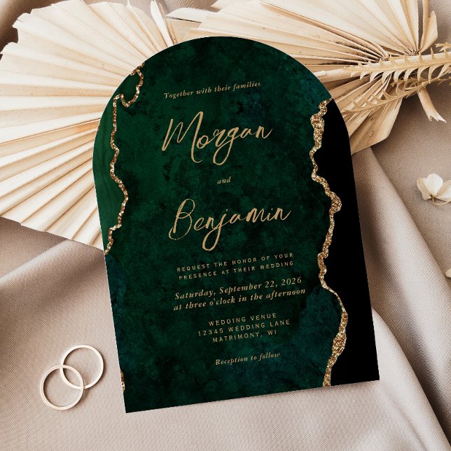 Modern Emerald Green Agate Script Arch Wedding Invitation (Creator Uploaded)