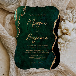 Modern Emerald Green Agate Script Bracket Wedding Invitation