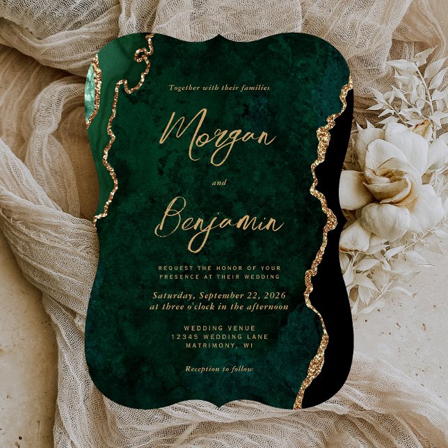 Modern Emerald Green Agate Script Bracket Wedding Invitation (Creator Uploaded)