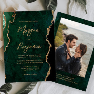 Modern Emerald Green Agate Script Photo Wedding Invitation