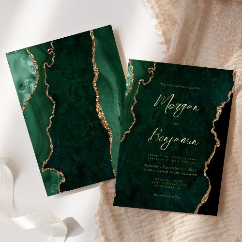 Modern Emerald Green Agate Script Wedding Foil Invitation