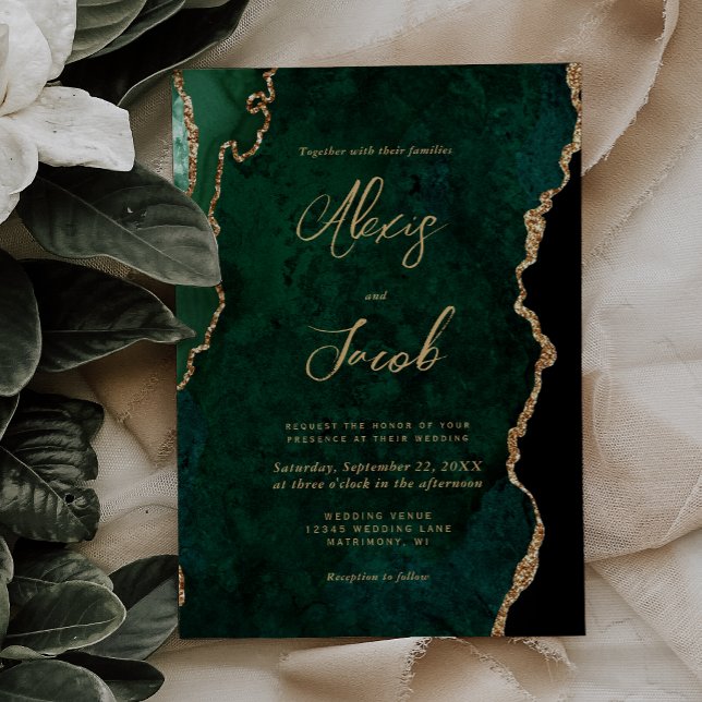 Modern Emerald Green Agate Script Wedding Invitation (Creator Uploaded)