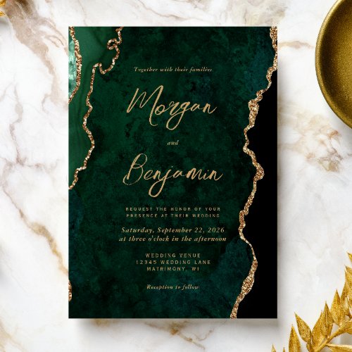 Modern Emerald Green Agate Script Wedding Invitation