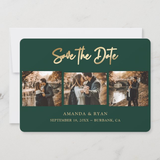 Modern Emerald Green and Gold Foil Wedding 3 Photo Save The Date (Front)