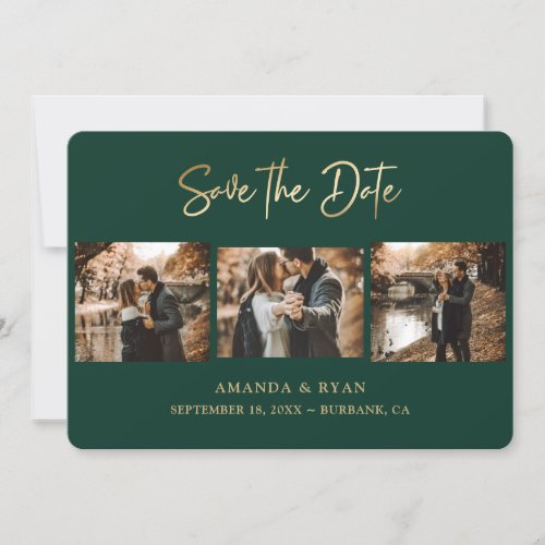 Modern Emerald Green and Gold Foil Wedding 3 Photo Save The Date