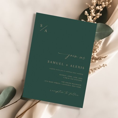 Modern Emerald Green And Gold Minimalist Wedding Invitation