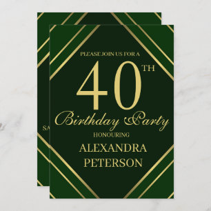 Modern Emerald Green And Gold Stripes Birthday Invitation