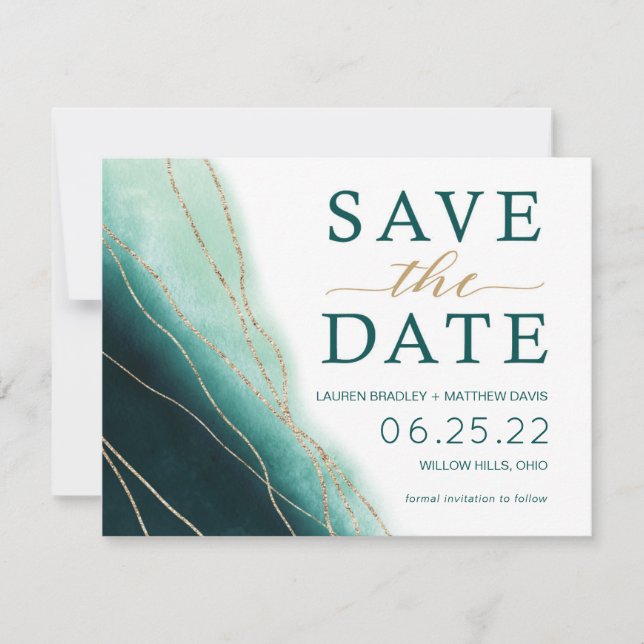 Modern Emerald Green and Gold Watercolor Save The Date (Front)