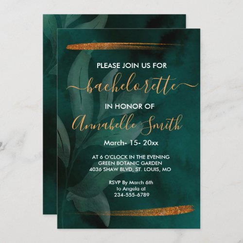 modern emerald green and leaves bachelor invitation