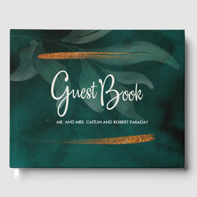 modern emerald green and leaves guest book (Front)