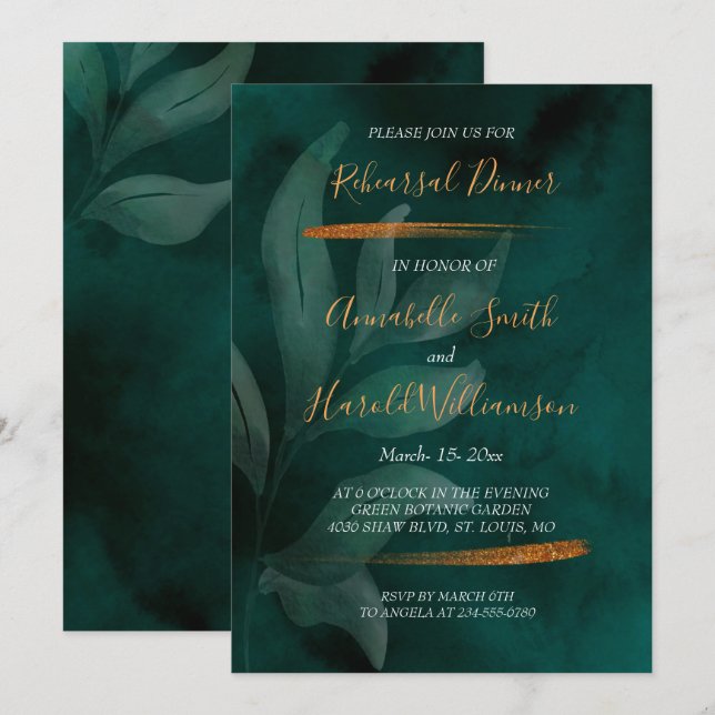 modern emerald green and leaves Rehearsal Dinner Invitation (Front/Back)