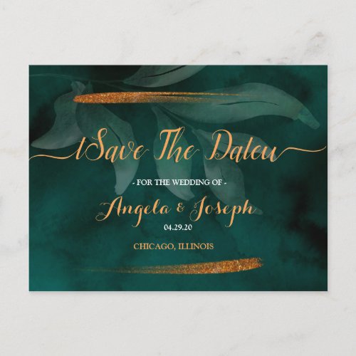 modern emerald green and leaves Save the Date Postcard
