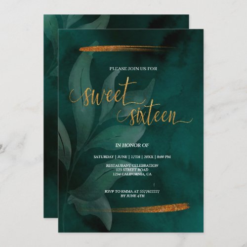 modern emerald green and leaves sweet 16 invitatio invitation