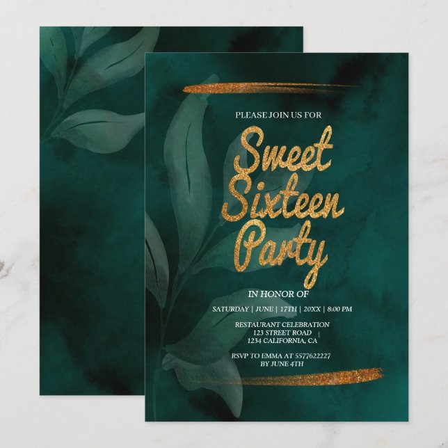 modern emerald green and leaves sweet 16 invitatio invitation (Front/Back)