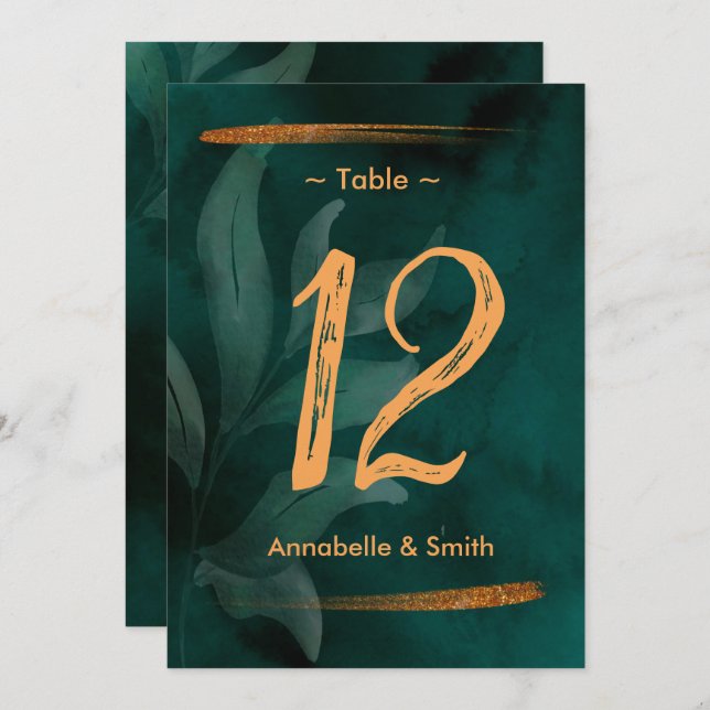modern emerald green and leaves table number (Front/Back)
