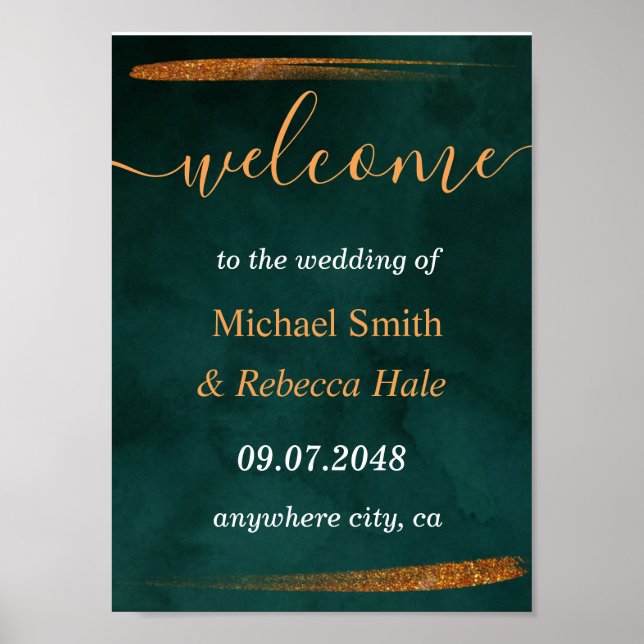 modern emerald green and leaves  Wedding Welcome Poster (Front)
