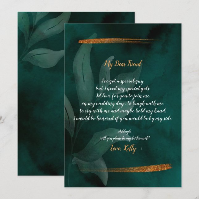 modern emerald green and leavwill be my bridesmaid invitation (Front/Back)