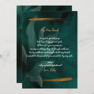 modern emerald green and leavwill be my bridesmaid invitation