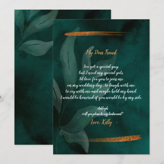 modern emerald green and leavwill be my bridesmaid invitation