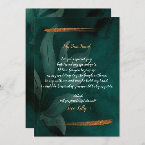 modern emerald green and leavwill be my bridesmaid invitation