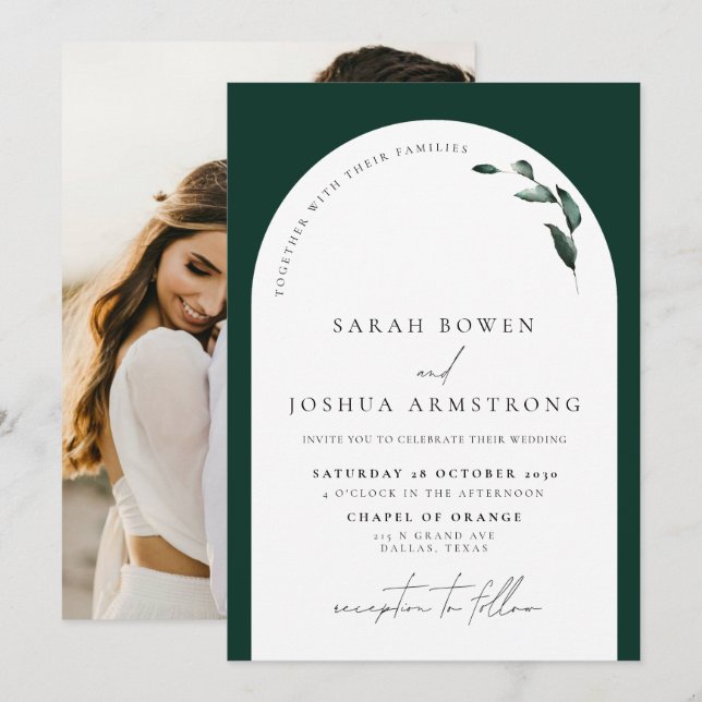 Modern Emerald Green Arch Botanical Photo Wedding Invitation (Front/Back)