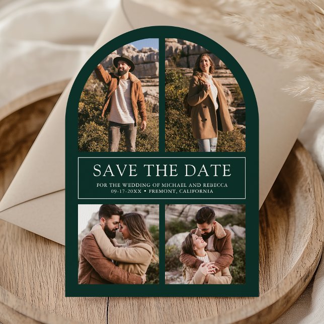 Modern Emerald Green Arch Photo Collage Wedding Save The Date (Creator Uploaded)