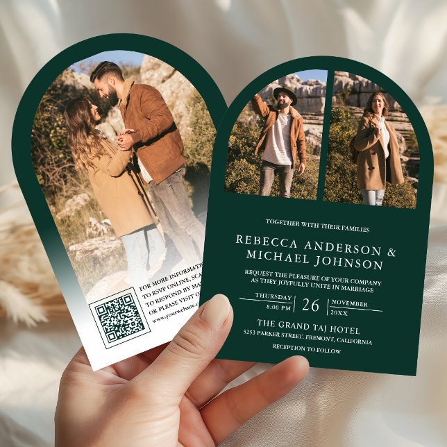 Modern Emerald Green Arch Photo QR Code Wedding Invitation (Creator Uploaded)