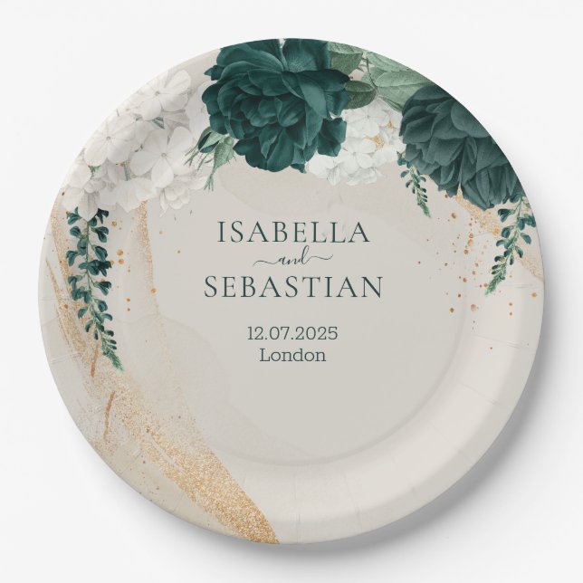 Modern Emerald Green Beige Floral Elegance Paper Plates (Front)
