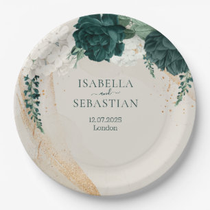 Modern Emerald Green Beige Floral Elegance Paper Plates