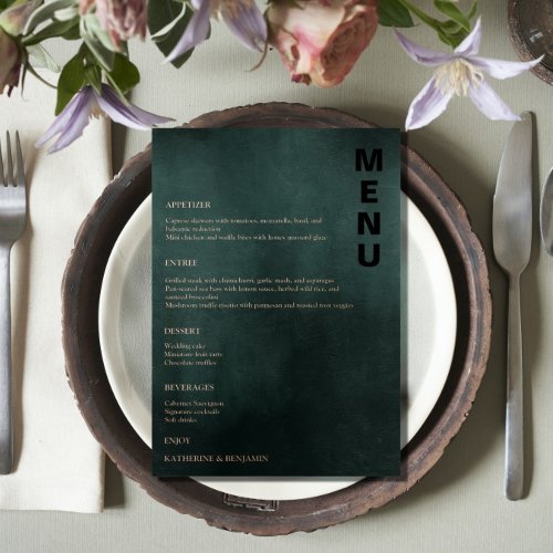 Modern Emerald Green Black Elegant Wedding Menus Foil Invitation