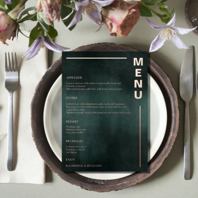 Modern Emerald Green Black Elegant Wedding Menus Foil Invitation (Creator Uploaded)