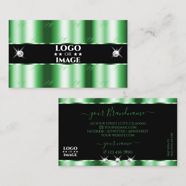 Modern Emerald Green Black Sparkle Jewels Add Logo Business Card (Front/Back)