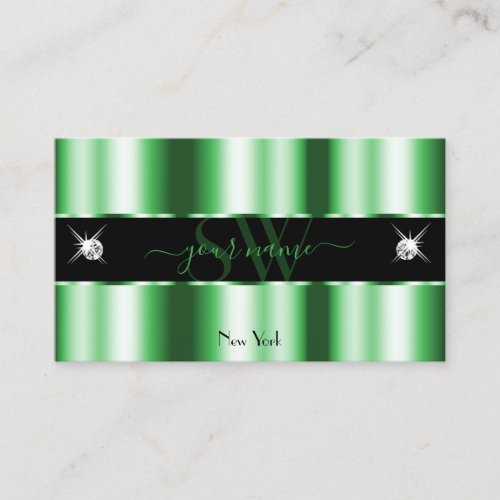 Modern Emerald Green Black Sparkle Jewels Initials Business Card